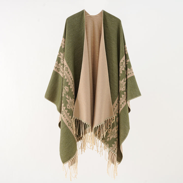 Damen Oversize Fransen-Poncho aus Jacquard-Baumwollmischung Drune