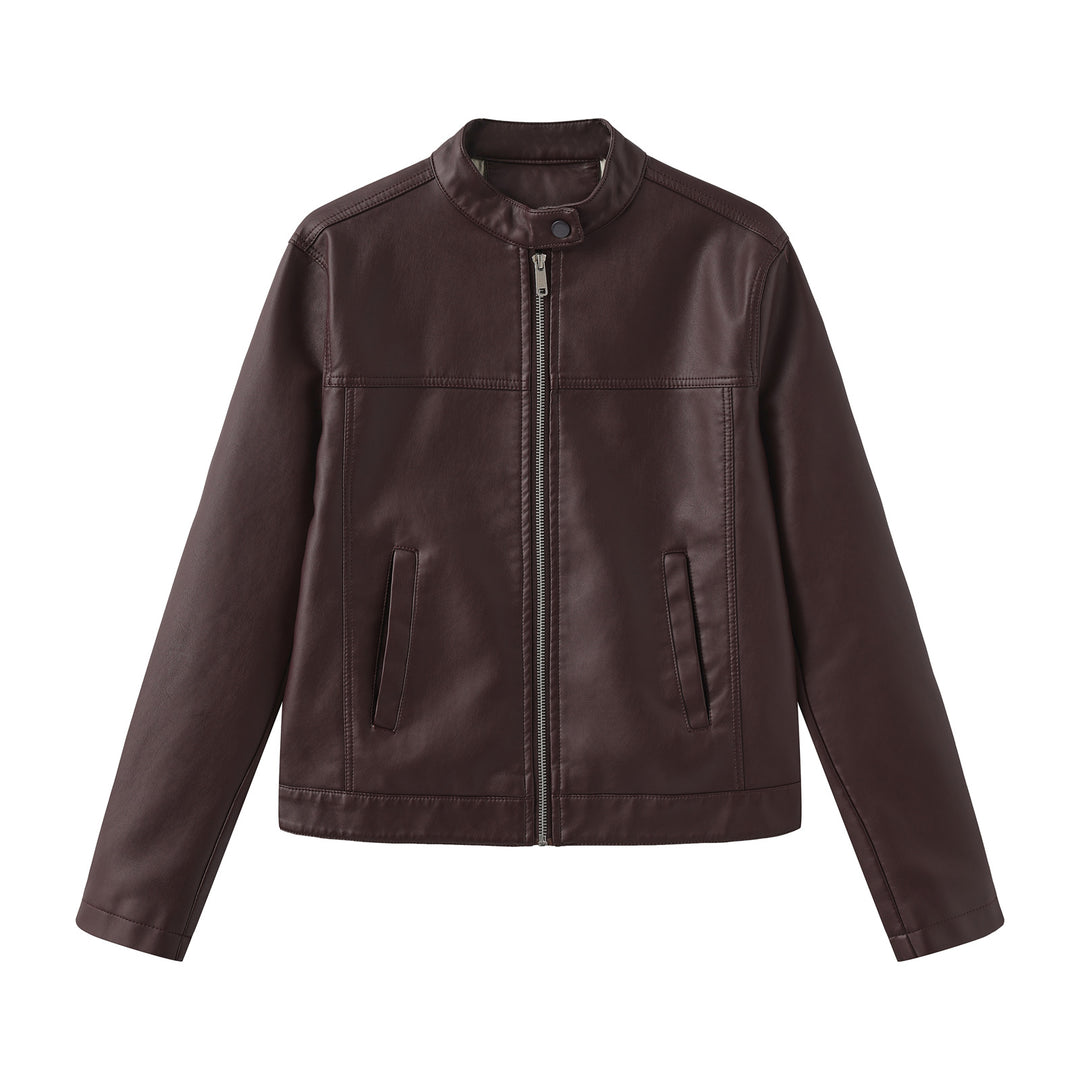 Herren nan minimalistische Kunstlederjacke mit Stehkragen, Metallreißverschluss und eingearbeiteten Seitentaschen Drune