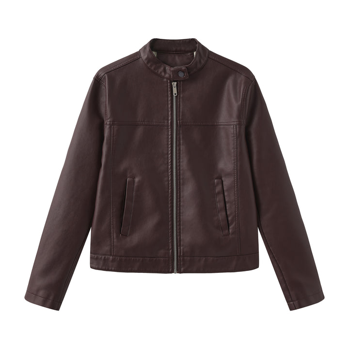 Herren nan minimalistische Kunstlederjacke mit Stehkragen, Metallreißverschluss und eingearbeiteten Seitentaschen Drune