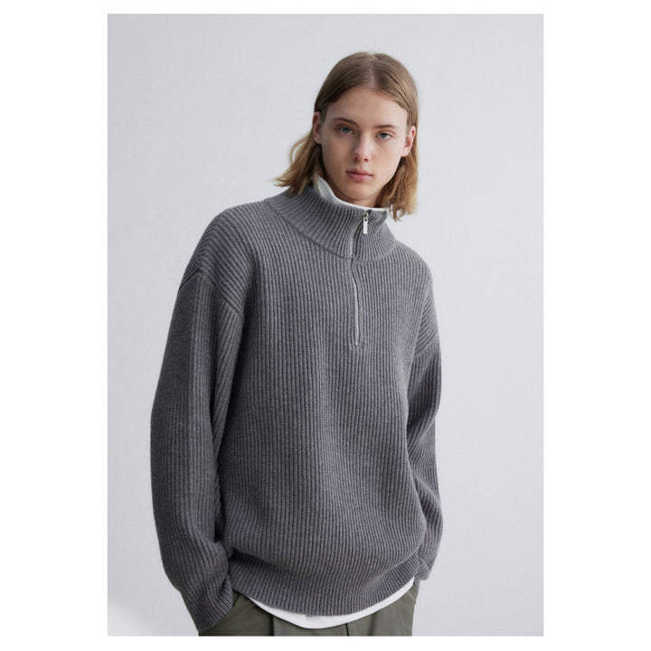 Herren Oversized-Rippenstrick Halbzip-Pullover mit Stehkragen Drune