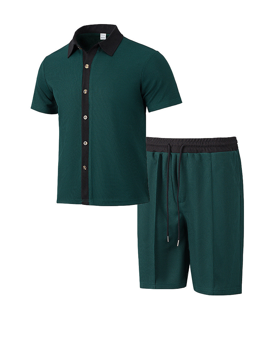 Herren nan modernes Freizeit-Set aus feinem Strukturjersey mit Hemdkragen-Knopfleiste und Kordel-Shorts Drune