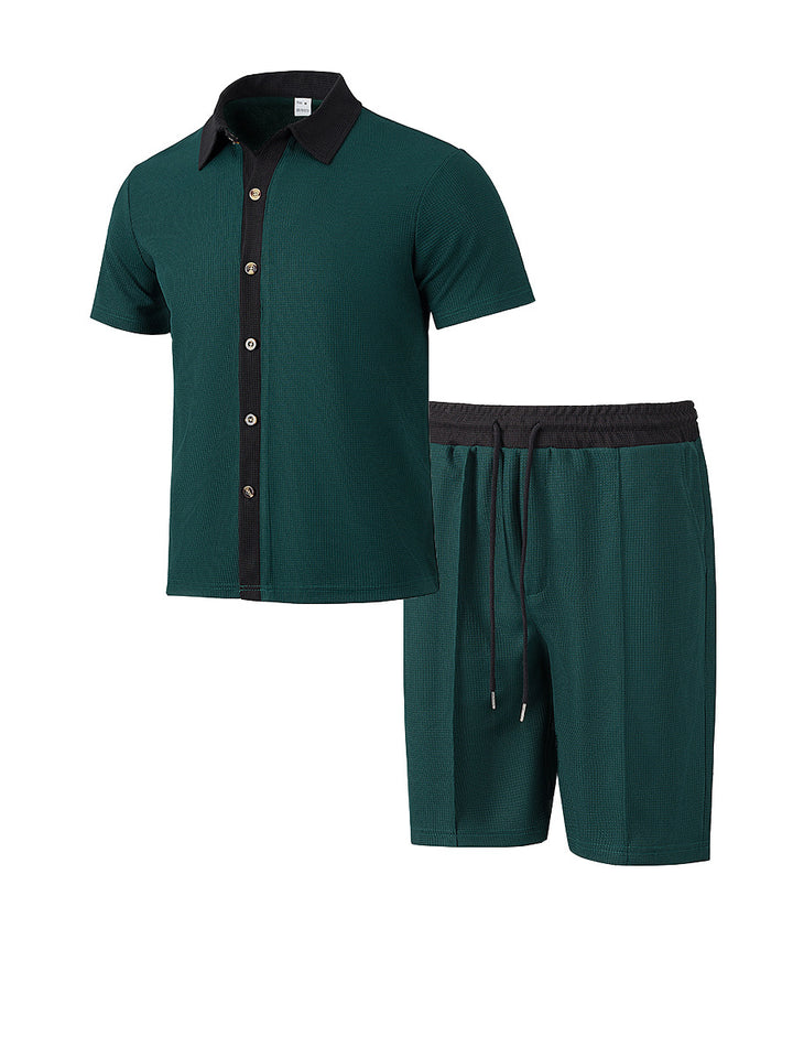 Herren nan modernes Freizeit-Set aus feinem Strukturjersey mit Hemdkragen-Knopfleiste und Kordel-Shorts Drune