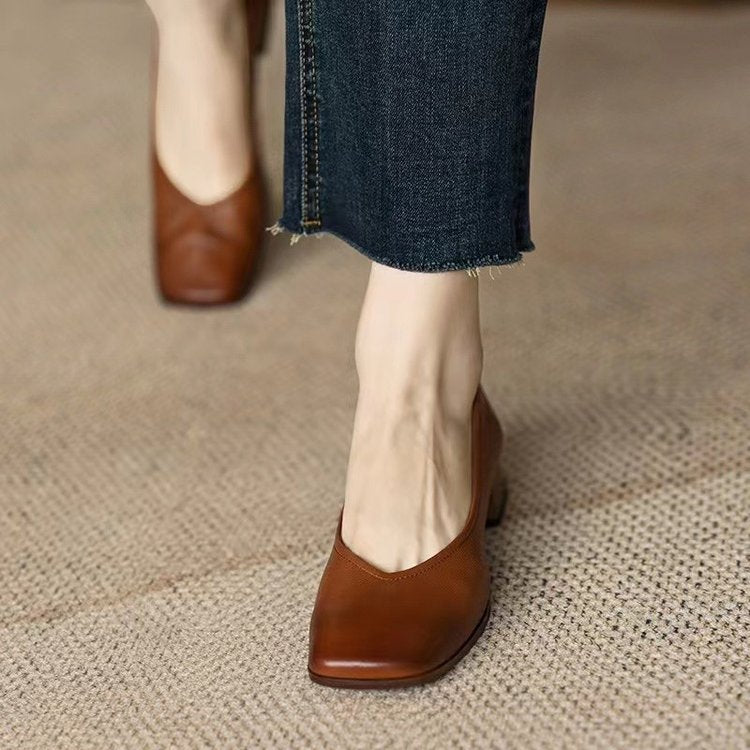 Damen elegante Blockabsatz-Ballerinas aus weichem Leder Drune