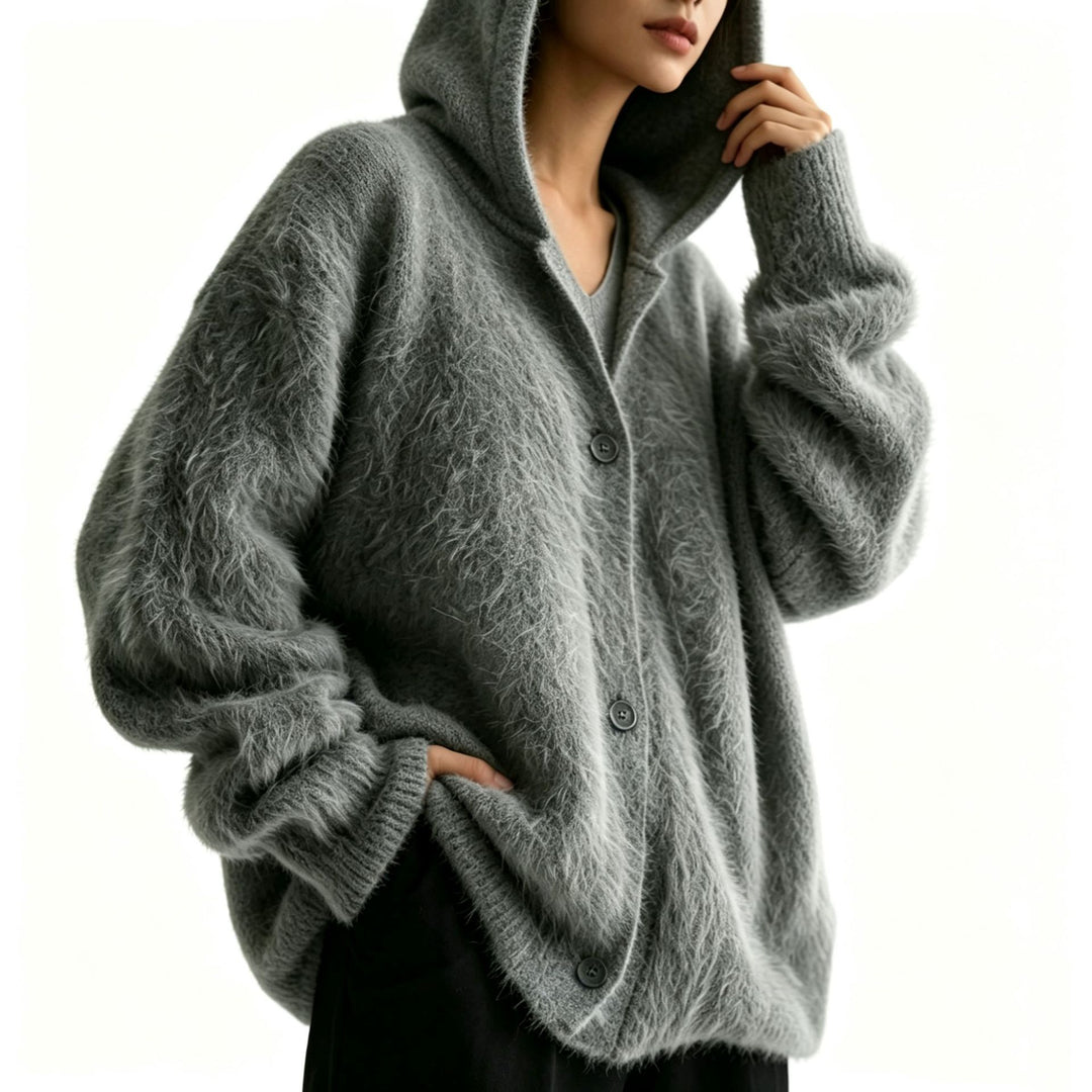 Damen Flauschiger Kapuzen-Cardigan im Mohair-Look mit Knopfleiste Drune