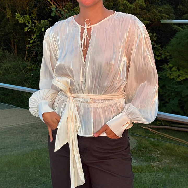 Damen Elegante Wickelbluse mit Bindegürtel und voluminösen Ballonärmeln Drune