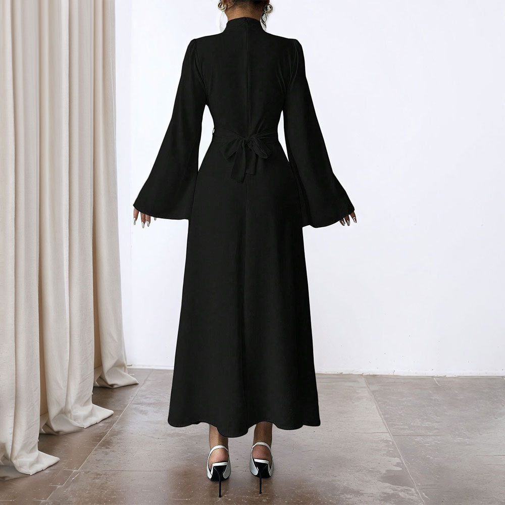Damen elegantes Maxikleid mit Stehkragen, geraffter Taillenpartie und ausgestelltem A‑Linien‑Rock Drune