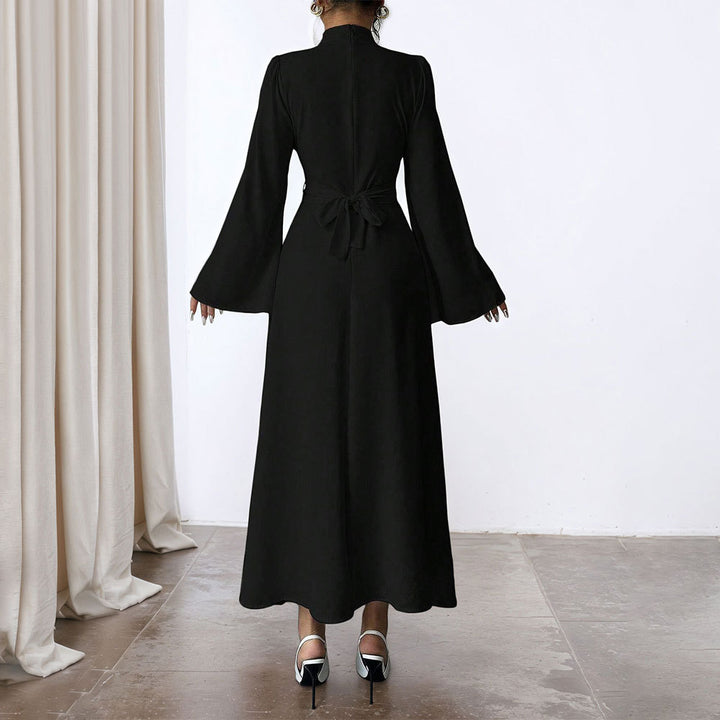 Damen elegantes Maxikleid mit Stehkragen, geraffter Taillenpartie und ausgestelltem A‑Linien‑Rock Drune