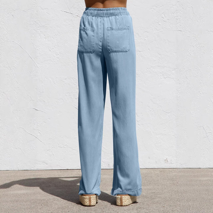 Damen nan weite Leinen-Optik Sommerhose mit elastischem Bund, Kordelzug und Seitentaschen Drune