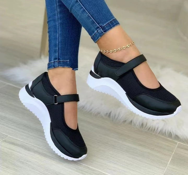 Damen Atmungsaktive Mary-Jane Sneaker mit Klettverschluss und Keilsohle Drune