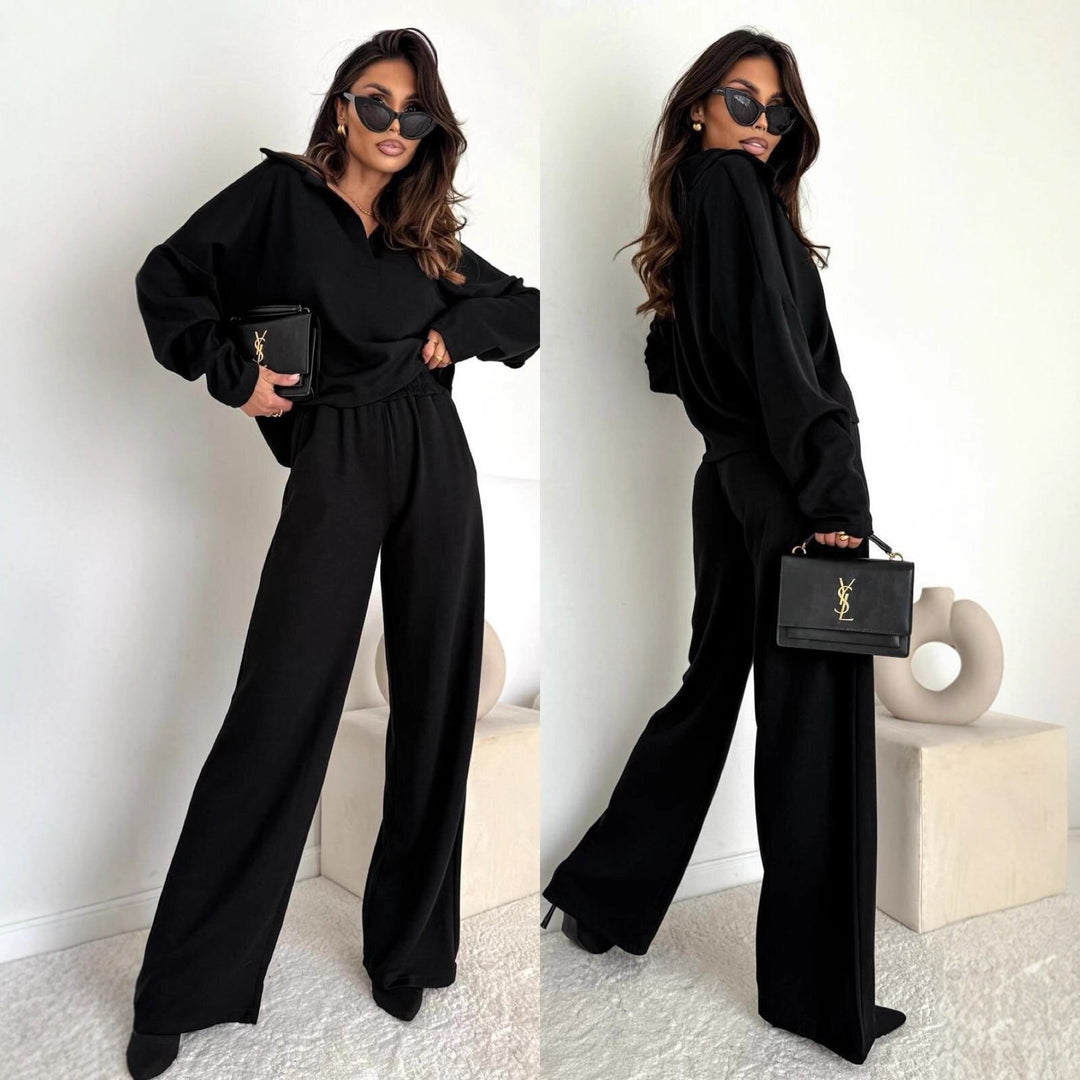 Damen Loungewear-Zweiteiler mit Hemdkragen-Cropped-Sweatshirt und weiter Palazzo-Hose Drune