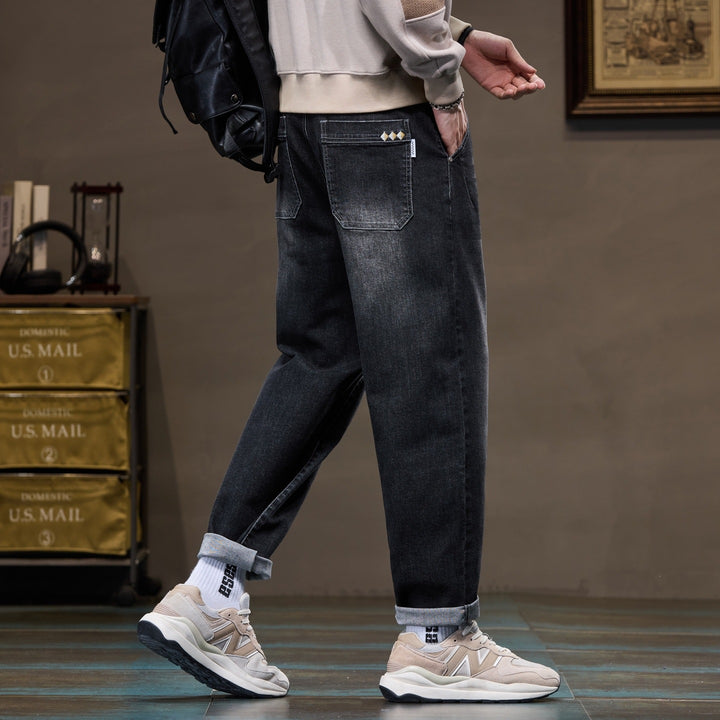 Herren Weite gerade geschnittene Denim-Jeans mit Used‑Wash und Umschlagbund Drune