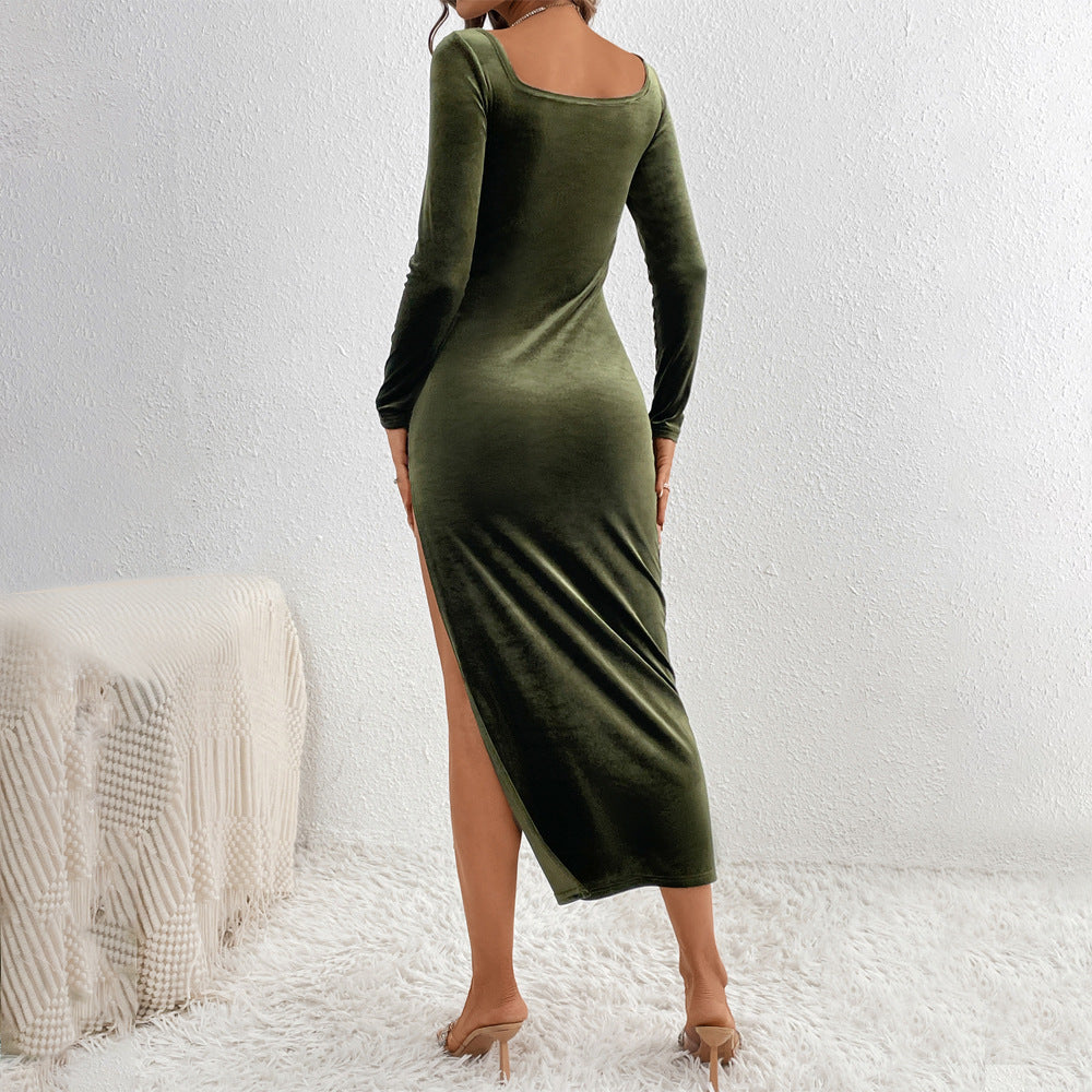 Damen figurbetontes Samt-Maxikleid mit langen Ärmeln, taillierter Silhouette und hohem Beinschlitz Drune