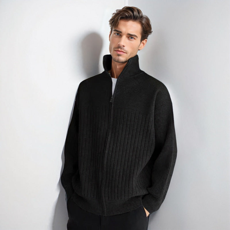 Herren Halbzip-Strickpullover mit hohem Stehkragen und breitem Rippenmuster Drune