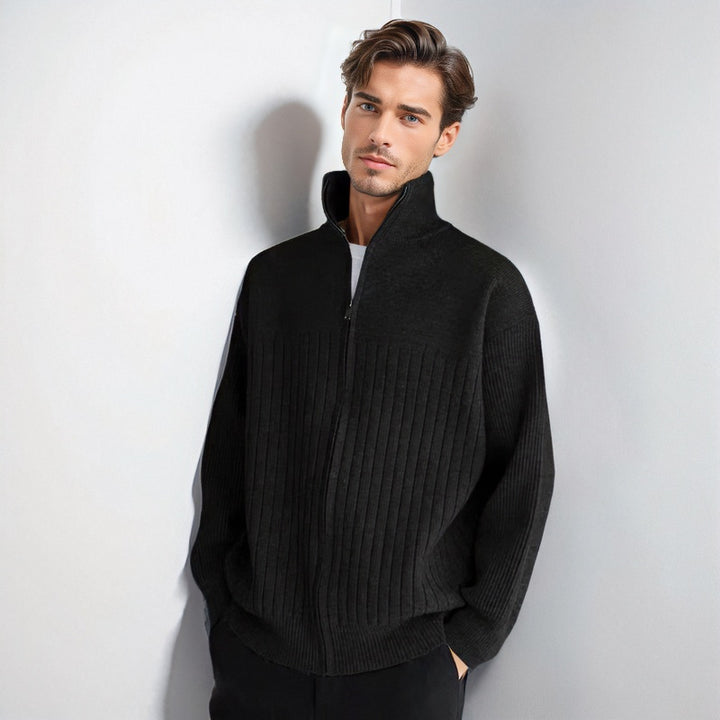 Herren Halbzip-Strickpullover mit hohem Stehkragen und breitem Rippenmuster Drune