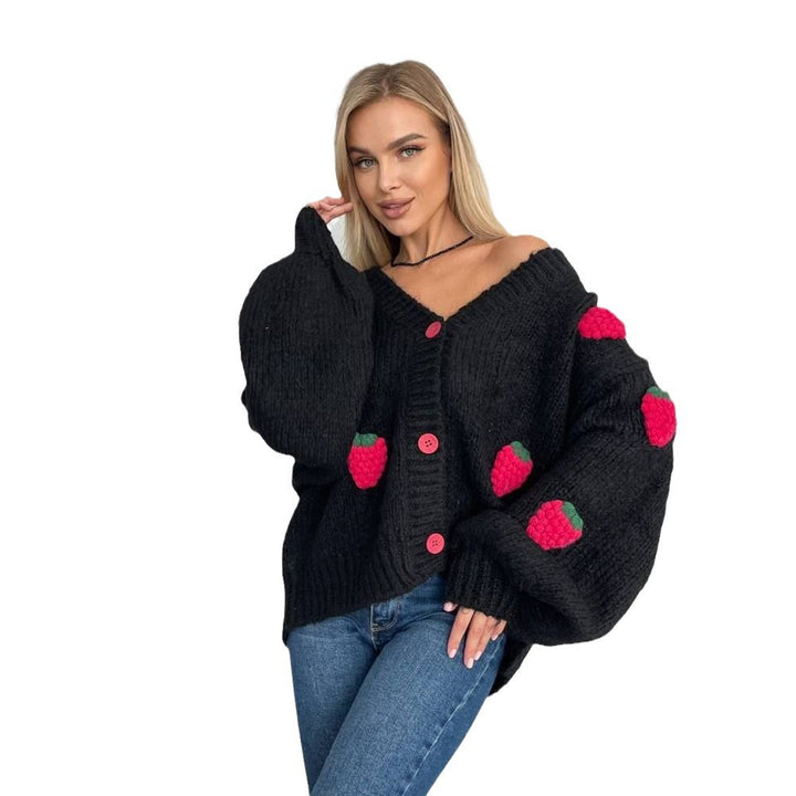 Damen Strickjacke mit verspieltem Erdbeermuster und weiten Ärmeln Drune