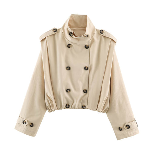 Damen Cropped-Trenchjacke im Blousonstil mit Stehkragen und doppelreihiger Knopfleiste Drune