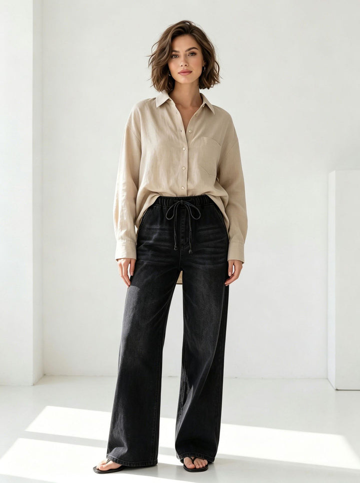 Damen nan Relaxed-Fit Denim-Hose mit elastischem Tunnelzugbund, dezentem Used-Effekt und weitem Bein Drune