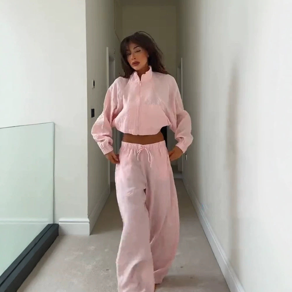 Damen Lässiges Satin-Trackset mit kurzem Reißverschluss-Top & weitem Tunnelzug-Hose Drune