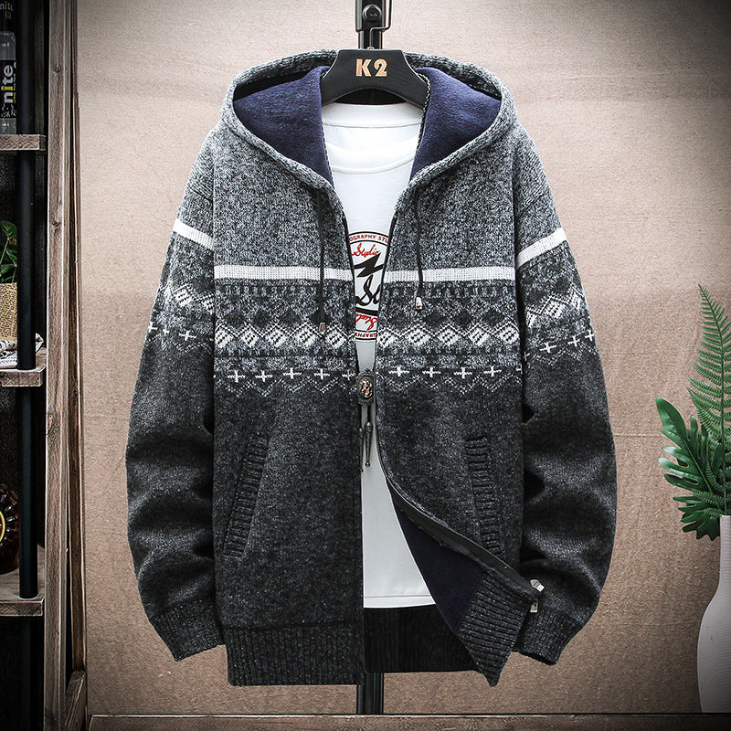 Herren Kapuzen-Strickzipjacke mit Norweger-Jacquard und weichem Futter Drune