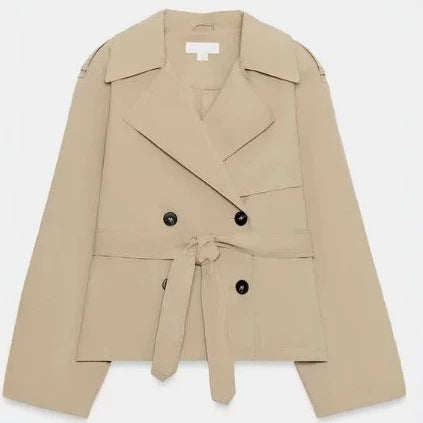 Damen Cropped doppelreihiger Trenchblouson mit Bindegürtel und kastiger Silhouette Drune