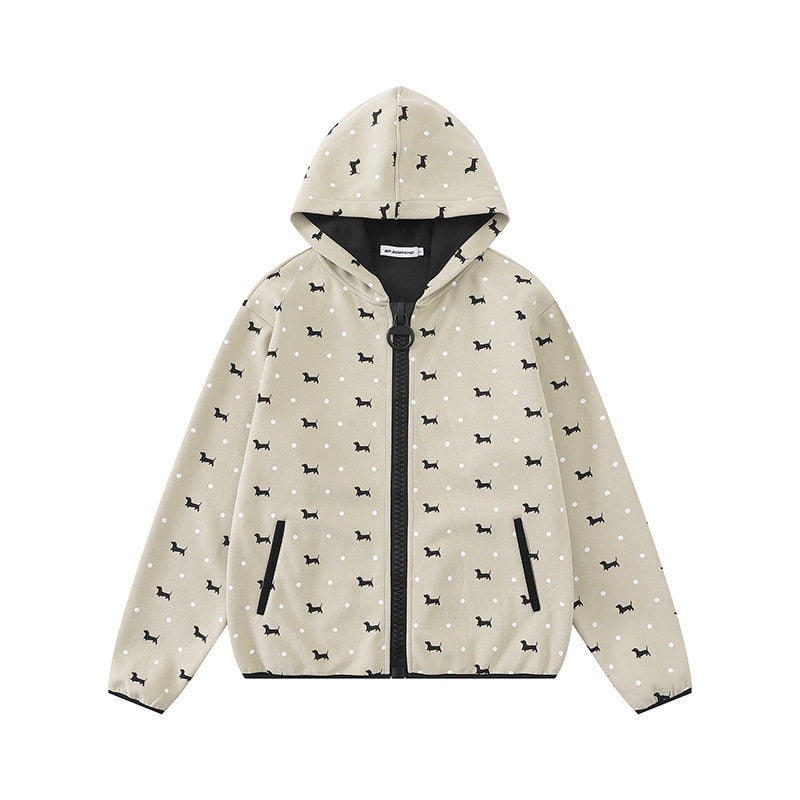 Damen Leichte Kapuzen-Zipjacke mit Hundesilhouette und Tupfen-Allover Drune