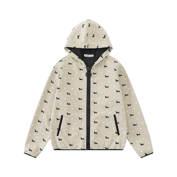 Damen Leichte Kapuzen-Zipjacke mit Hundesilhouette und Tupfen-Allover Drune