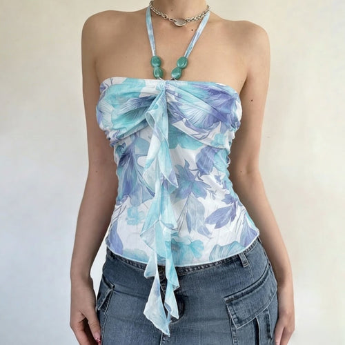 Damen Spaghetti-Trägertop mit floralen Einsätzen und transparenten Rüschen Drune