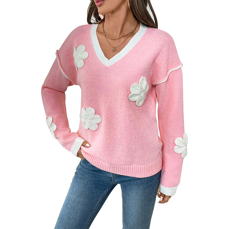 Damen V-Ausschnitt Feinstrickpullover mit dreidimensionalen Blütenapplikationen Drune