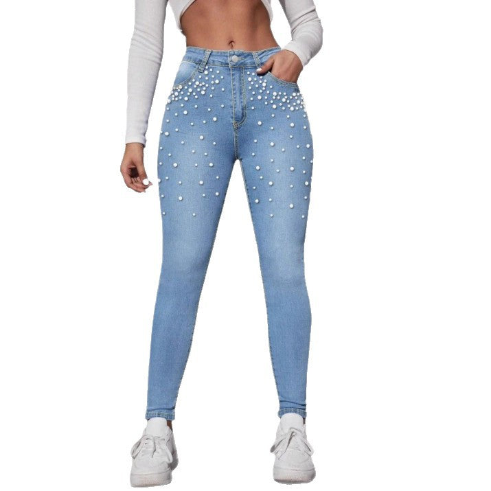 Damen High‑Waist Skinny-Jeans mit dekorativem Perlen-Cluster und Sculpting-Schnitt Drune
