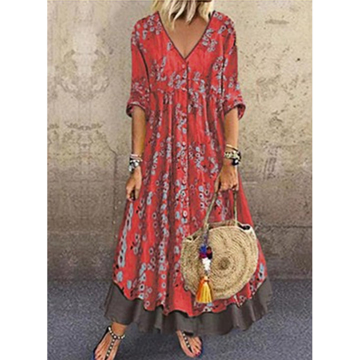 Damen Maxikleid im Boho‑Stil mit V‑Ausschnitt, durchgehender Knopfleiste und Stufenrock Drune