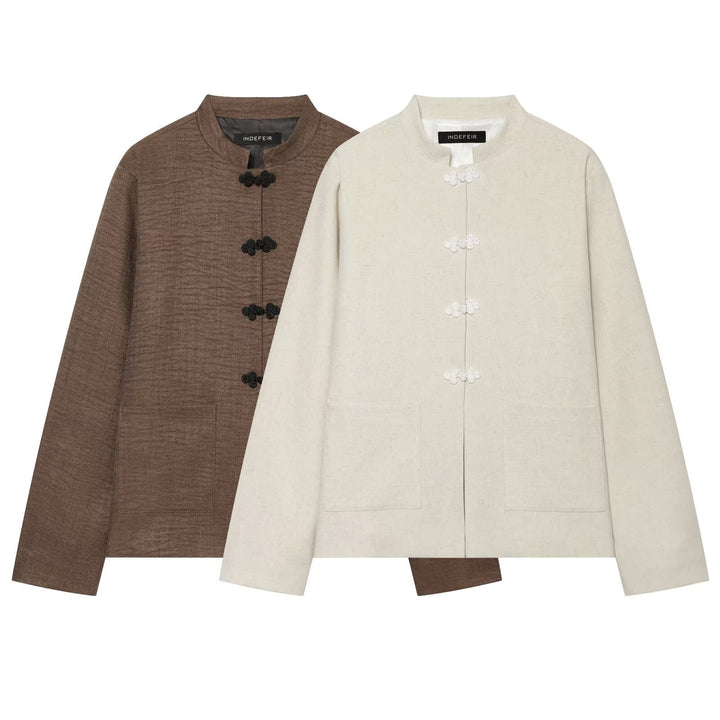 Damen Boxy-Cropped Leinenjacke mit Stehkragen und Froschverschlüssen Drune