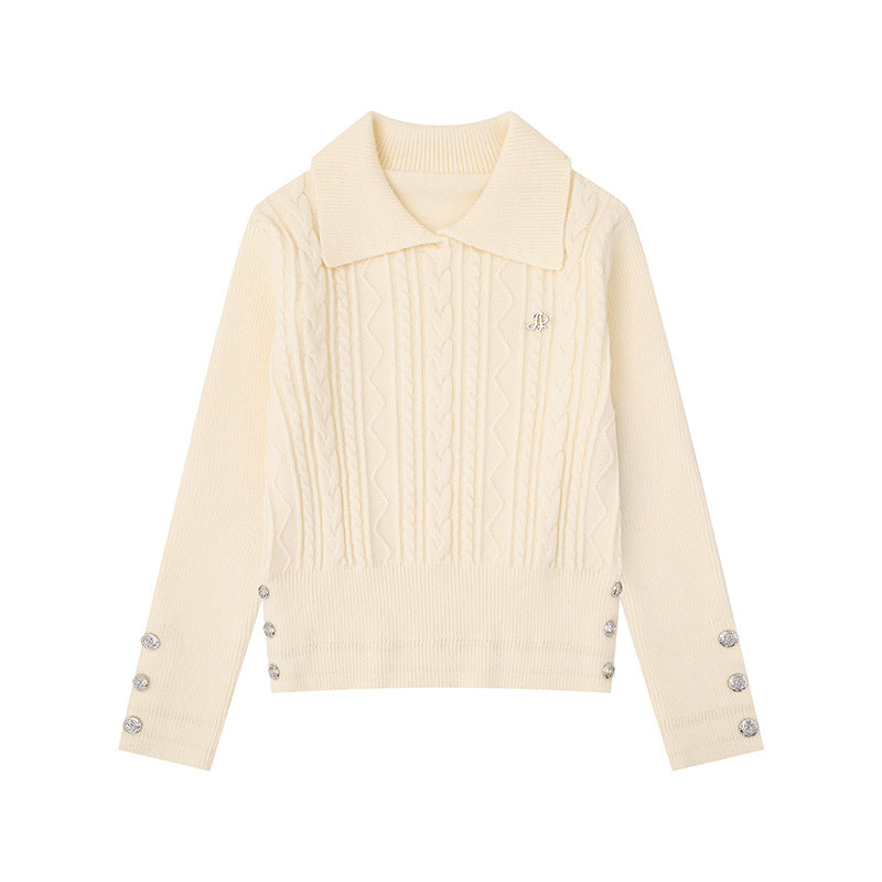 Damen Feinstrick-Polo-Pullover mit Zopfmuster, Zierknopfbesatz und taillierter Passform Drune