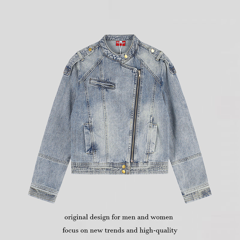 Damen asymmetrische Jeansjacke im Bikerstil mit Stehkragen und diagonalem Reißverschluss Drune