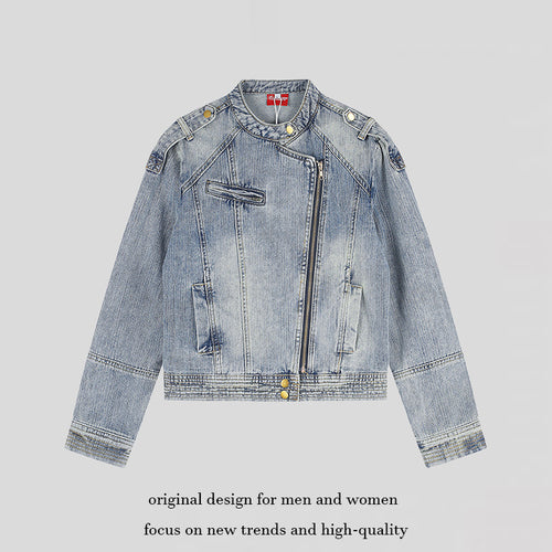Damen asymmetrische Jeansjacke im Bikerstil mit Stehkragen und diagonalem Reißverschluss Drune