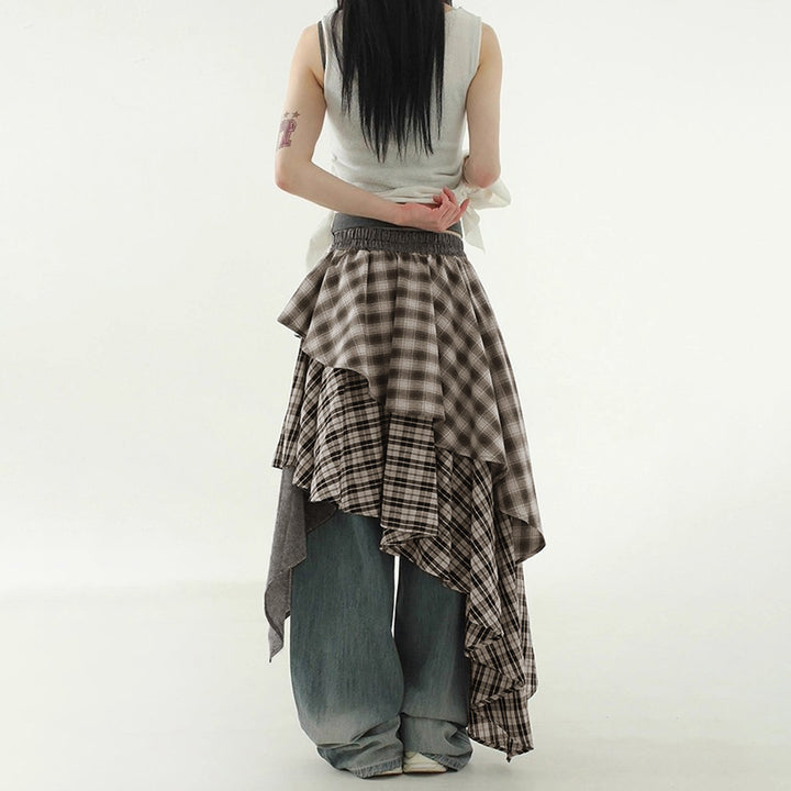 Damen asymmetrischer Wickelrock mit Karomuster und breitem Bindegürtel Drune
