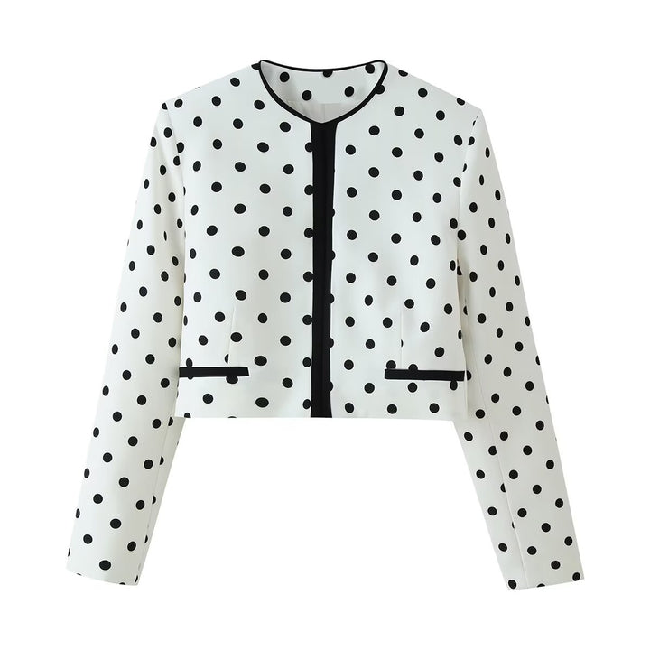 Damen Kurzblazer im Polka-Dot-Design mit Rundhalsausschnitt, kurzem Schnitt und Kontrastpaspeln Drune