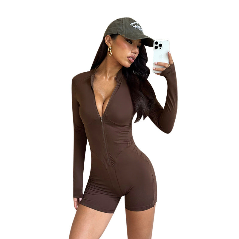 Damen figurausgleichender Langarm-Jumpsuit mit tiefem Ausschnitt und Reißverschluss Drune