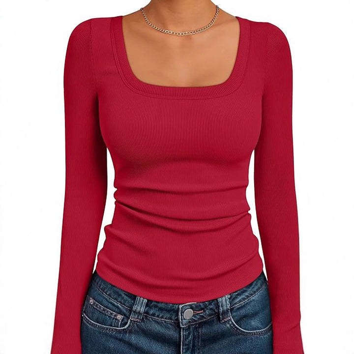 Damen Figurnahes Ripp-Langarmshirt mit weitem Carré-Ausschnitt und Stretch-Baumwollmix Drune