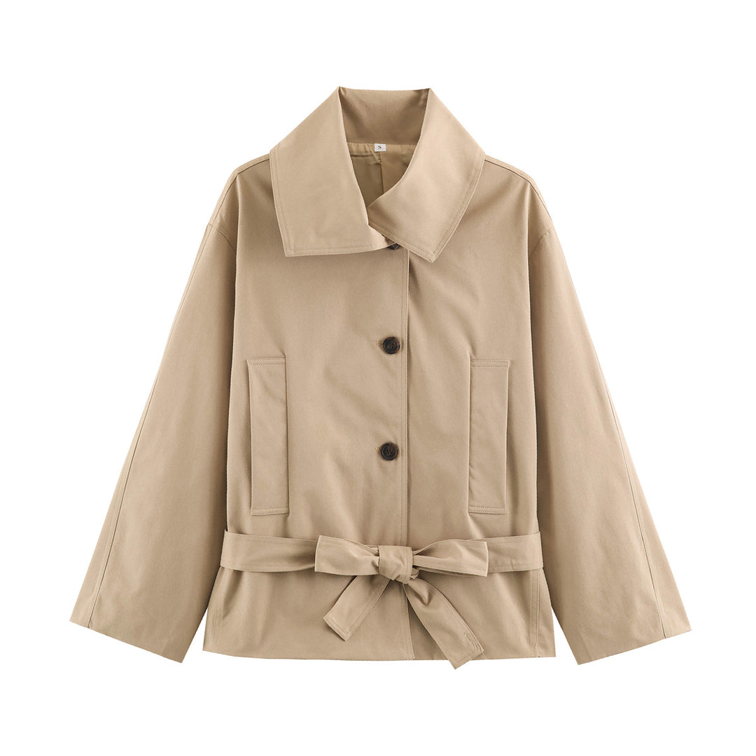 Damen Cropped Taillierte Übergangsjacke mit Bindegürtel und übergroßem Hemdkragen Drune