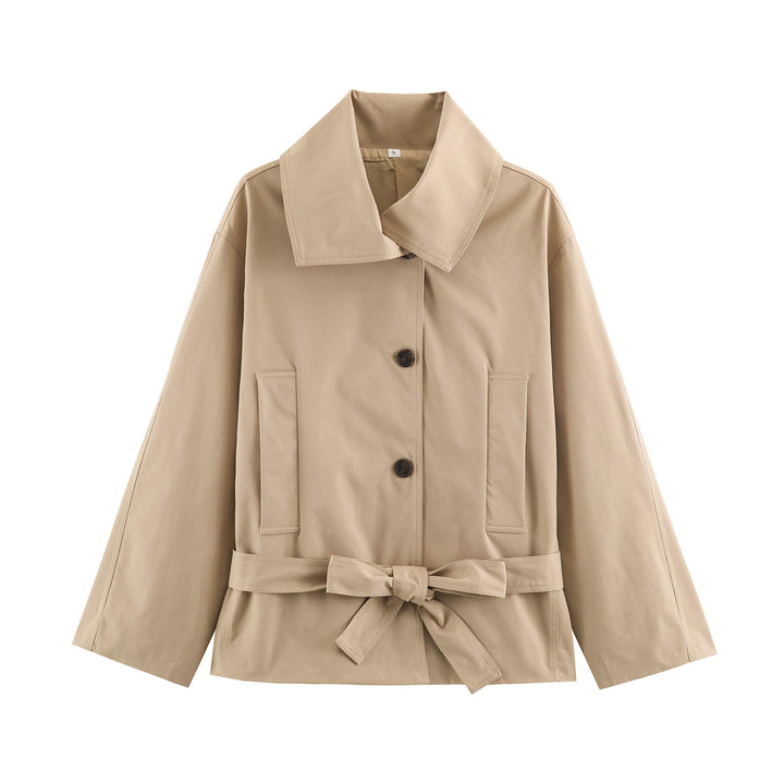 Damen Cropped Taillierte Übergangsjacke mit Bindegürtel und übergroßem Hemdkragen Drune