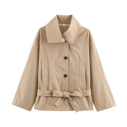 Damen Cropped Taillierte Übergangsjacke mit Bindegürtel und übergroßem Hemdkragen Drune