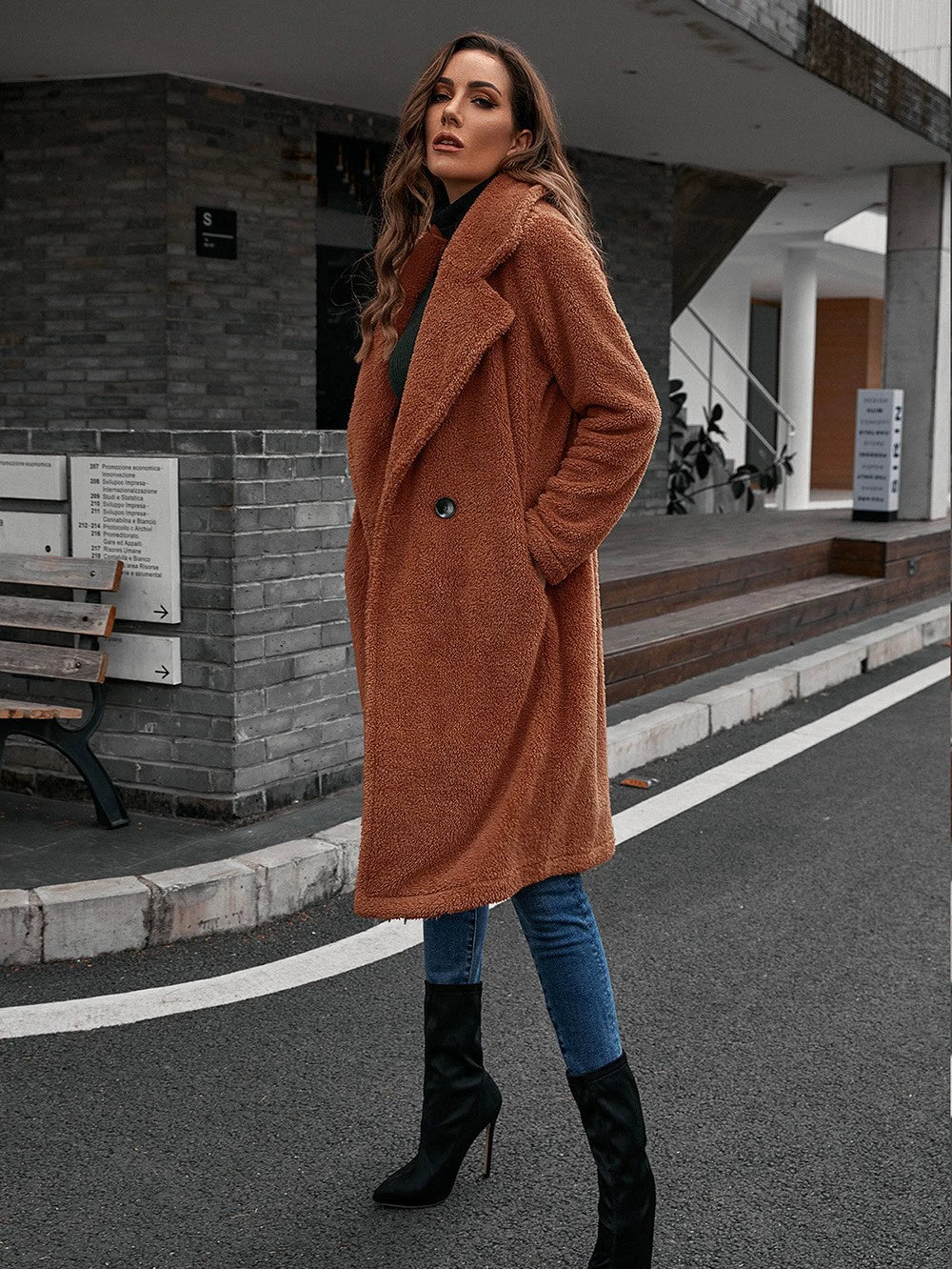 Drune | Damen Windbreaker Mantel – Lockere Passform – Wolltextur – Einreiher – Mittlere Länge