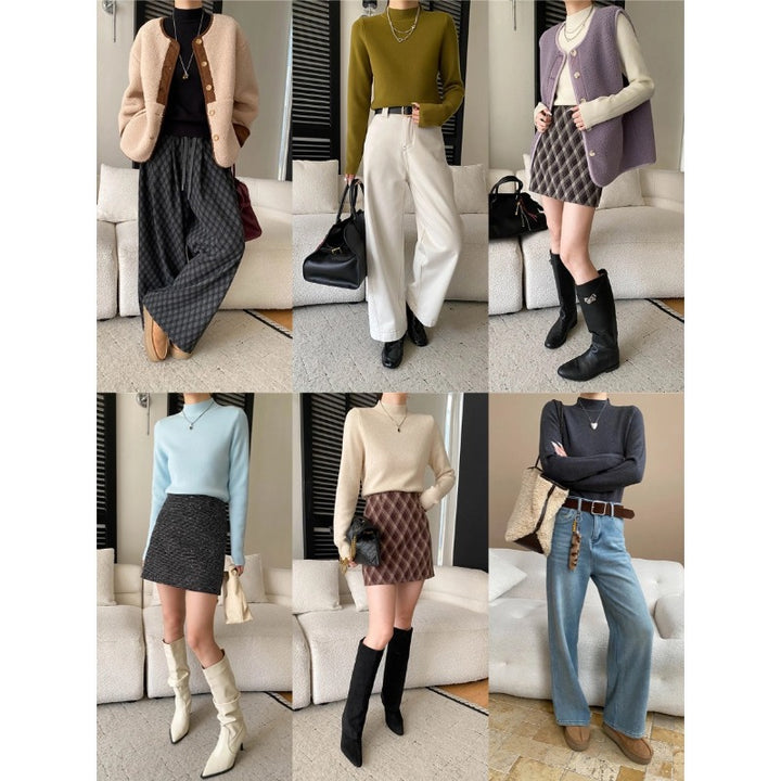 Damen figurbetontes Strickoberteil mit hohem Kragen und eleganten Rippdetails Drune