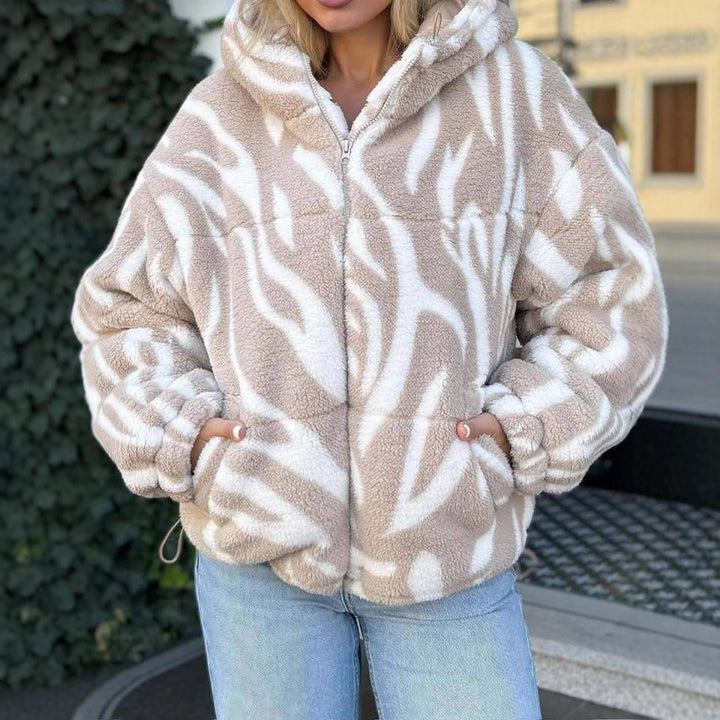 Damen Kurz geschnittene Teddy-Fleecejacke mit Kapuze und Zebrastreifen Drune