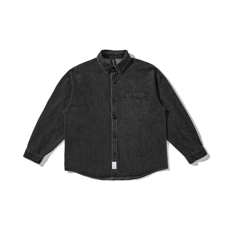 Unisex Kastenförmige Oversized Denim Hemdjacke mit Brusttasche und verwaschener Optik Drune