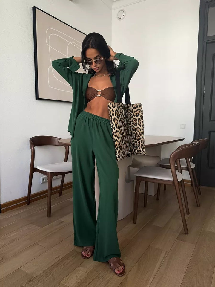 Damen Zweiteiliges Lounge-Set Oversize-Bluse mit Brusttasche und weiter Palazzo-Hose Drune