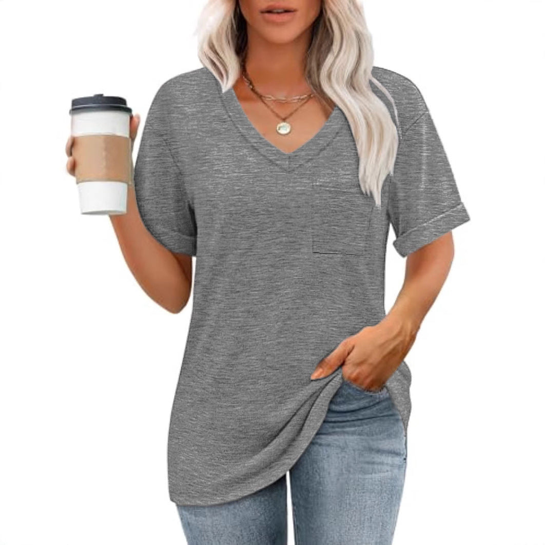 Damen V-Ausschnitt T-Shirt mit Taschen und lässiger Passform Drune