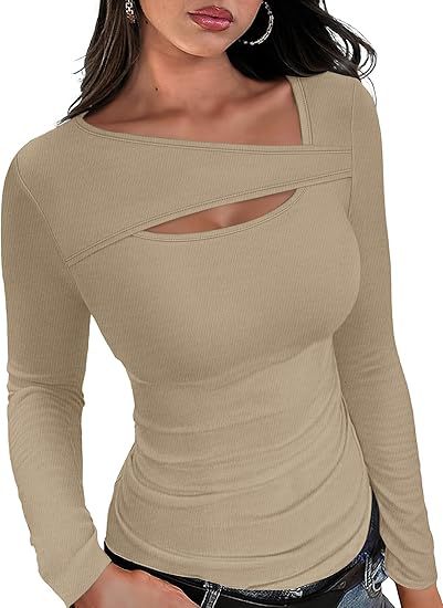 Damen Geripptes Langarmshirt mit asymmetrischem Carmenausschnitt und Brust-Cut-Out Drune
