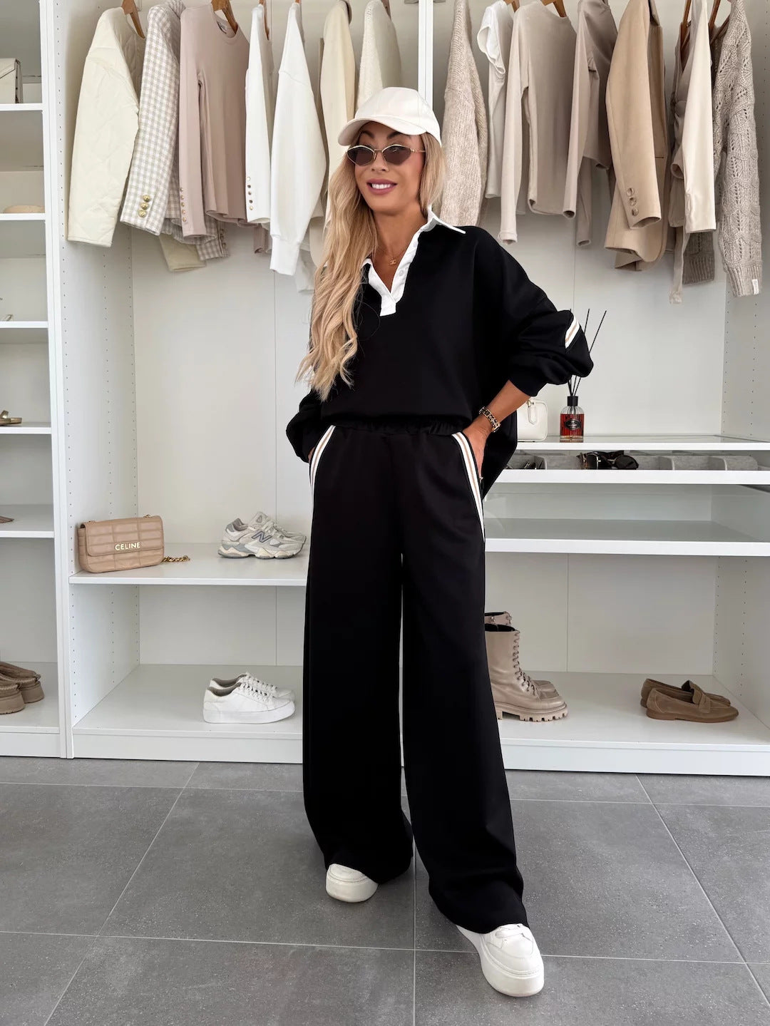 Damen modisches Relax-Set mit Polokragen, markanten Paspelstreifen und weitem Palazzo-Jogger Drune