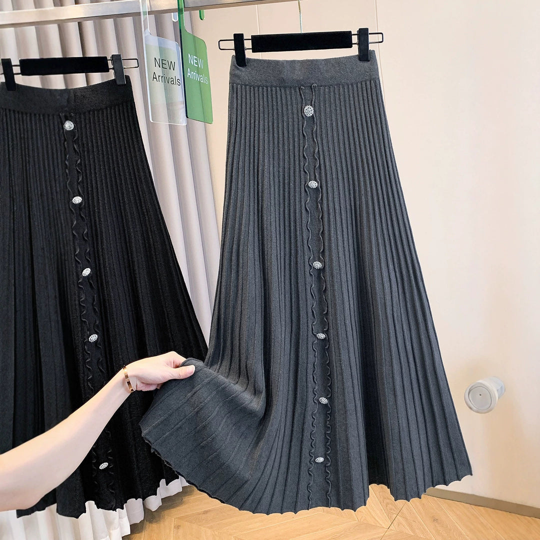Damen Eleganter plissierter Maxirock mit Knopfdetails Drune